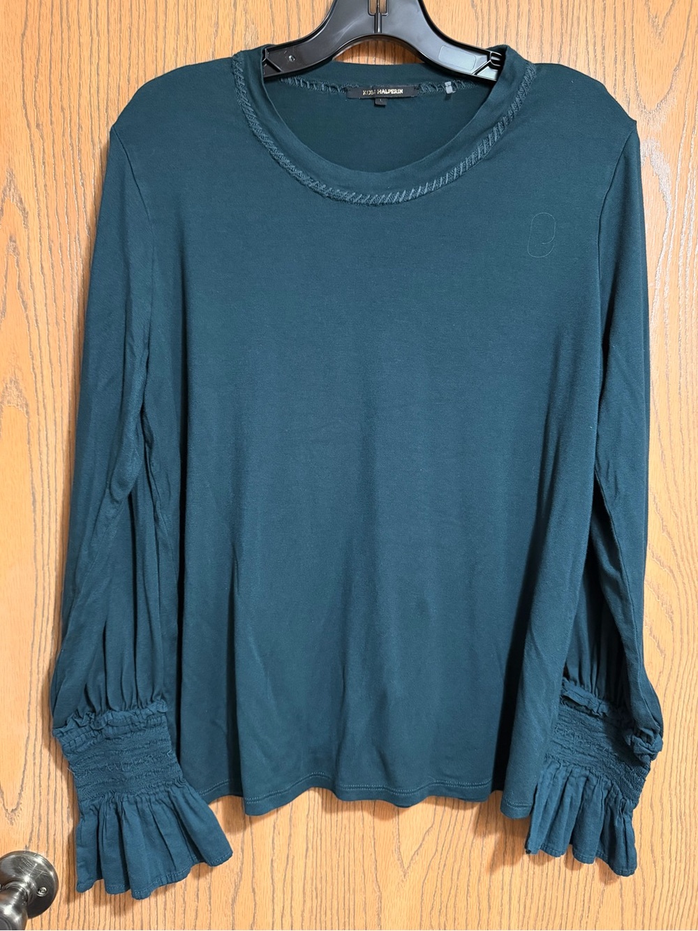 Kobi Halperin Top in Teal with Long-Sleeves and Smocked Ruffle Cuffs